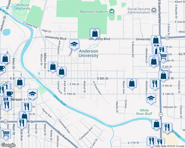 map of restaurants, bars, coffee shops, grocery stores, and more near 725 Chestnut Street in Anderson