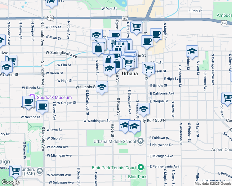 map of restaurants, bars, coffee shops, grocery stores, and more near 509 South Race Street in Urbana