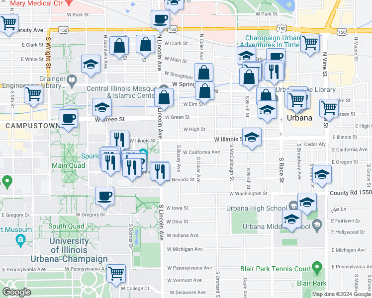 map of restaurants, bars, coffee shops, grocery stores, and more near 704 West California Avenue in Urbana