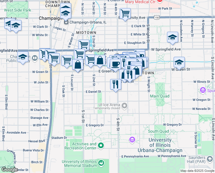 map of restaurants, bars, coffee shops, grocery stores, and more near 306 East Daniel Street in Champaign