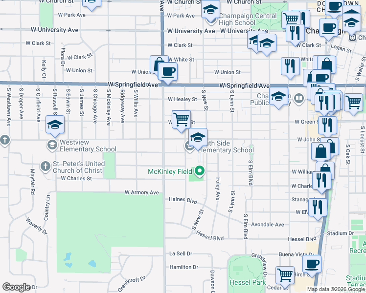map of restaurants, bars, coffee shops, grocery stores, and more near 707 South Pine Street in Champaign