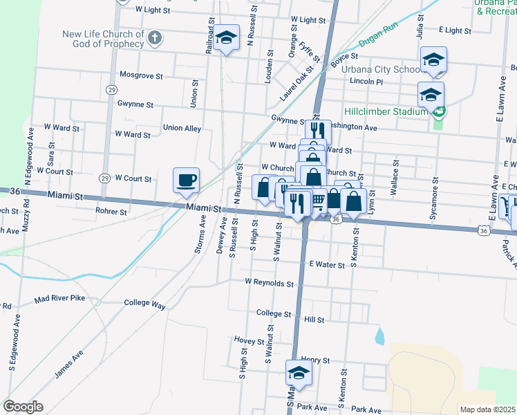 map of restaurants, bars, coffee shops, grocery stores, and more near 236 Miami Street in Urbana
