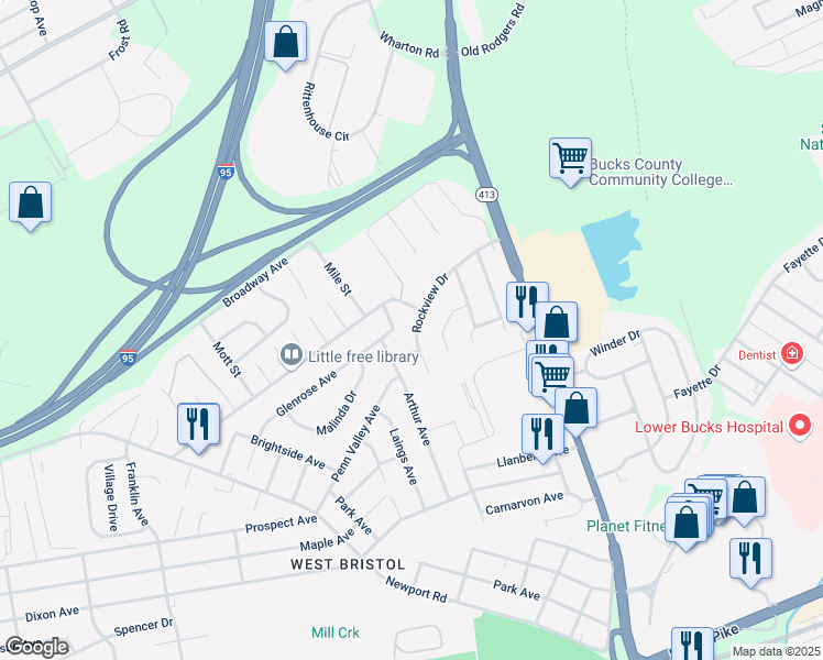 map of restaurants, bars, coffee shops, grocery stores, and more near 3509 Rockview Drive in Bristol