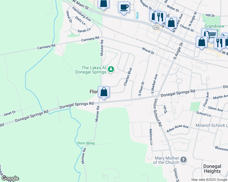 map of restaurants, bars, coffee shops, grocery stores, and more near 109 Charlan Boulevard in Mount Joy