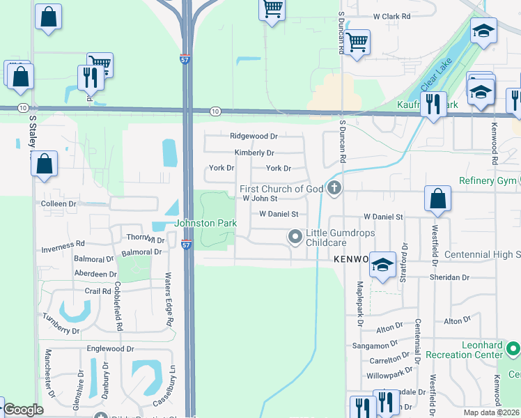 map of restaurants, bars, coffee shops, grocery stores, and more near 3306 West Daniel Street in Champaign
