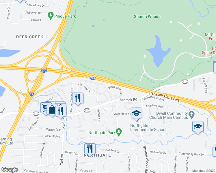 map of restaurants, bars, coffee shops, grocery stores, and more near 1732 Birchcreek Lane in Columbus