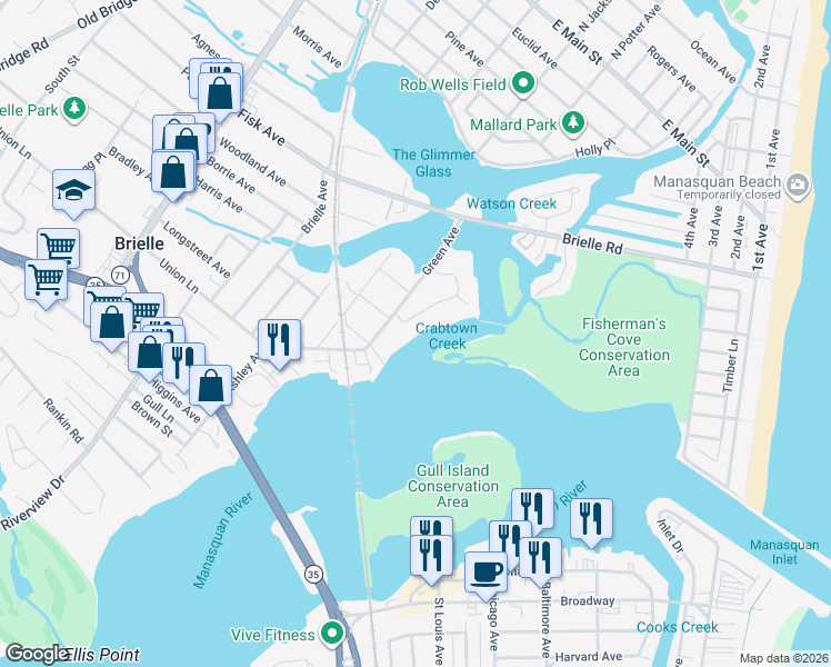 map of restaurants, bars, coffee shops, grocery stores, and more near 4 Crescent Drive in Brielle