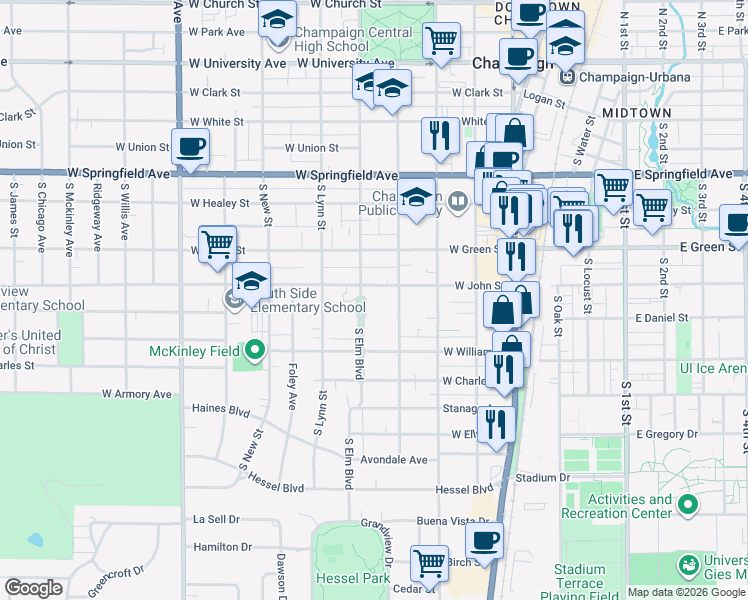 map of restaurants, bars, coffee shops, grocery stores, and more near 706 South Elm Boulevard in Champaign