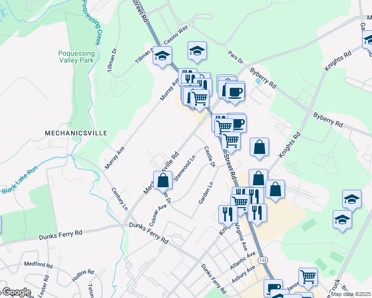 map of restaurants, bars, coffee shops, grocery stores, and more near 2839 Mechanicsville Road in Bucks County