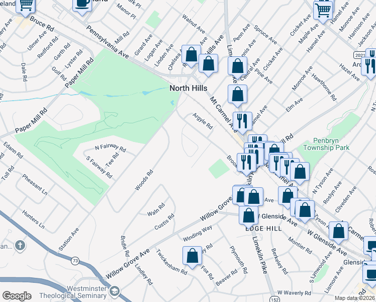 map of restaurants, bars, coffee shops, grocery stores, and more near 28 West Chelfield Road in Glenside