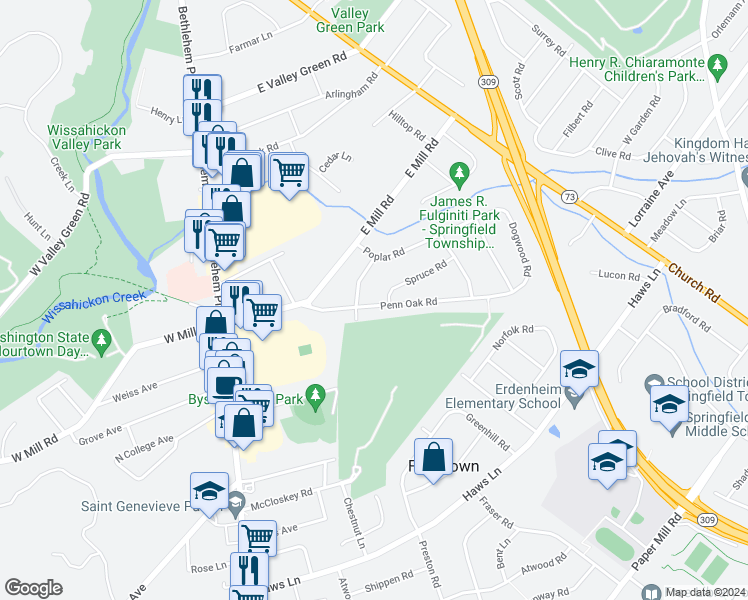 map of restaurants, bars, coffee shops, grocery stores, and more near 203 Penn Oak Road in Flourtown