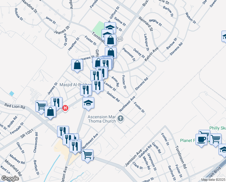map of restaurants, bars, coffee shops, grocery stores, and more near 828 Lawler Street in Philadelphia