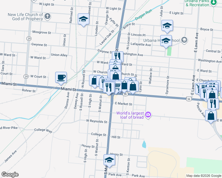 map of restaurants, bars, coffee shops, grocery stores, and more near in Urbana