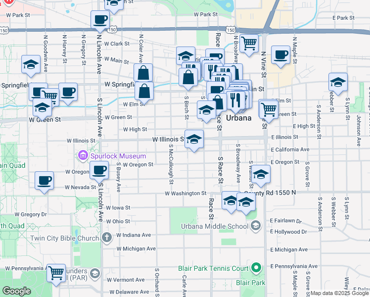 map of restaurants, bars, coffee shops, grocery stores, and more near 402 West California Avenue in Urbana