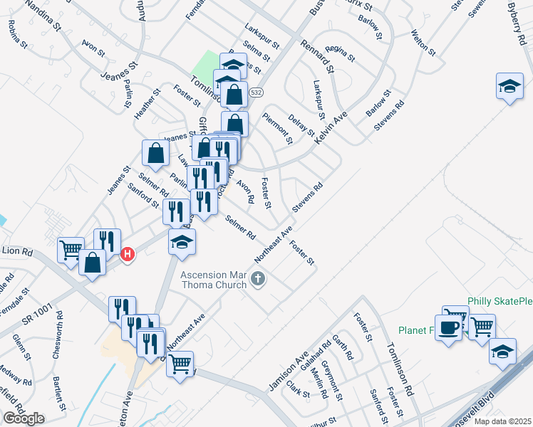 map of restaurants, bars, coffee shops, grocery stores, and more near 1036 Foster Street in Philadelphia