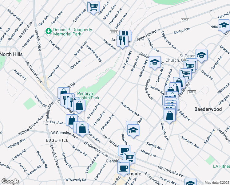 map of restaurants, bars, coffee shops, grocery stores, and more near 319 Roslyn Avenue in Glenside