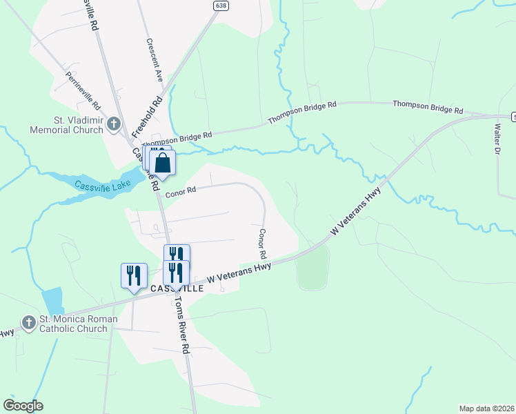 map of restaurants, bars, coffee shops, grocery stores, and more near 12 Conor Road in Jackson Township