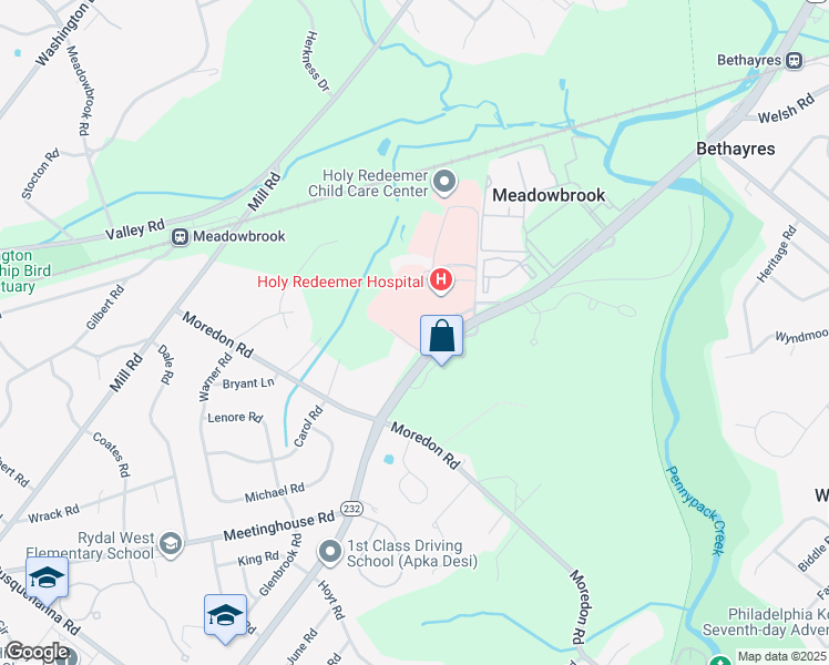 map of restaurants, bars, coffee shops, grocery stores, and more near 1616 Huntingdon Pike in Montgomery County