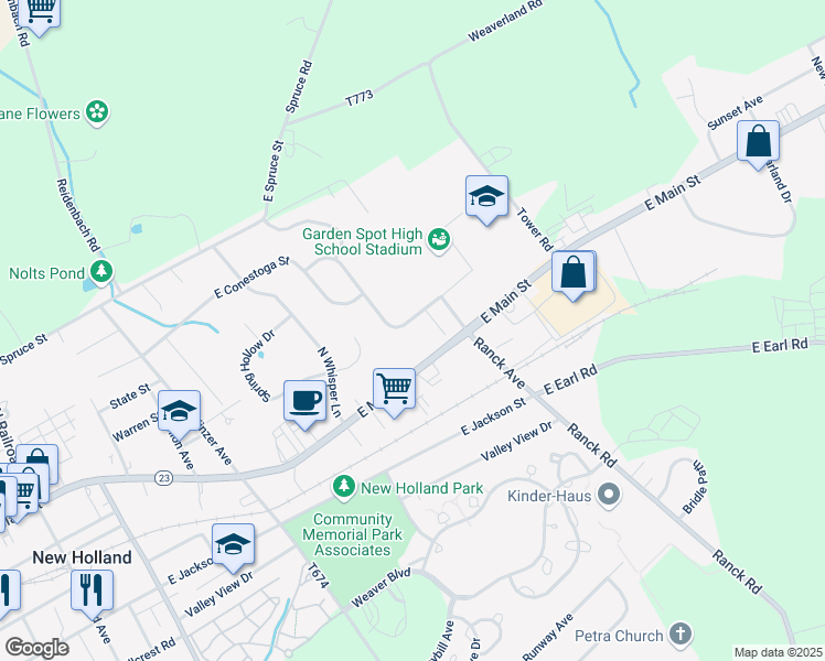 map of restaurants, bars, coffee shops, grocery stores, and more near 80 Willow Ridge in New Holland