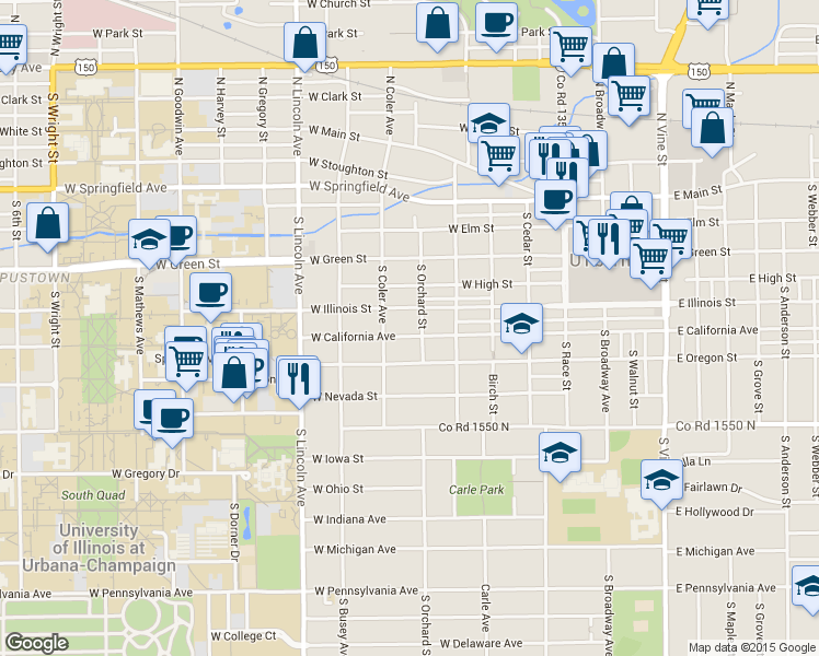 map of restaurants, bars, coffee shops, grocery stores, and more near 606 West California Avenue in Urbana