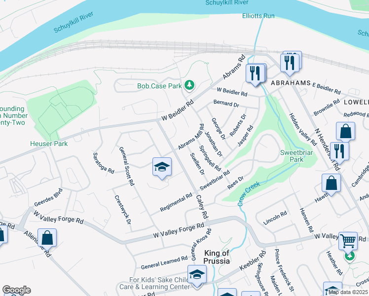 map of restaurants, bars, coffee shops, grocery stores, and more near 729 Suellen Drive in King of Prussia