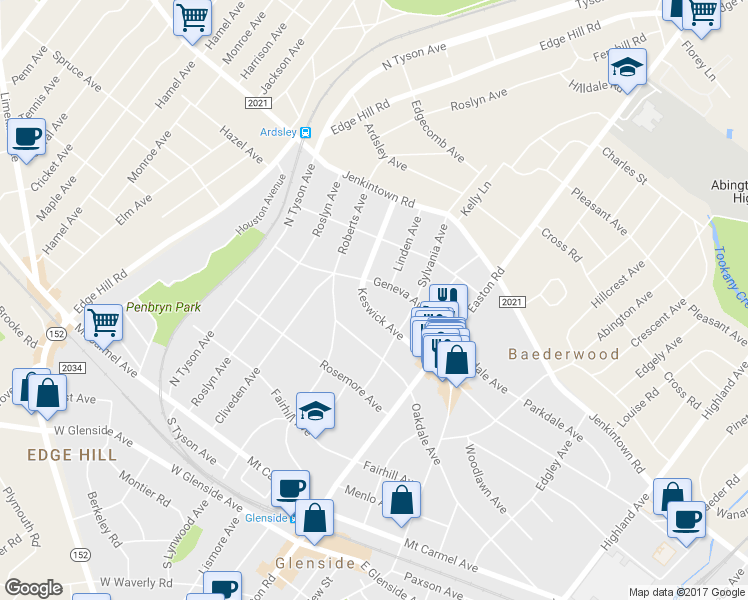 map of restaurants, bars, coffee shops, grocery stores, and more near 375 North Keswick Avenue in Glenside