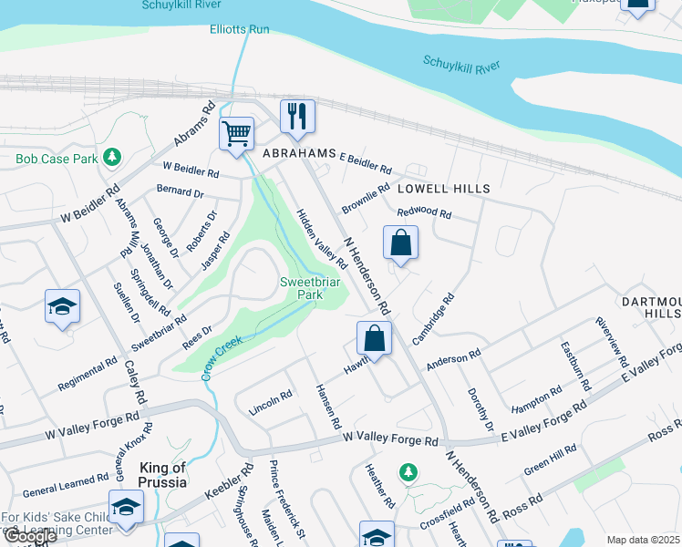 map of restaurants, bars, coffee shops, grocery stores, and more near 612 Hidden Valley Road in King of Prussia