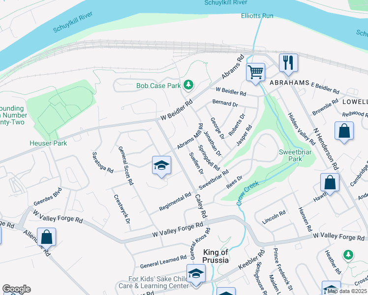 map of restaurants, bars, coffee shops, grocery stores, and more near 729 Suellen Drive in King of Prussia