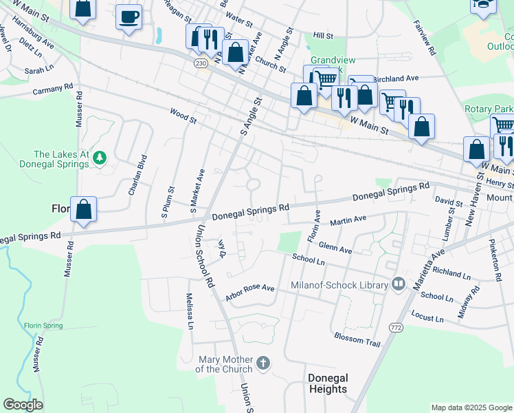 map of restaurants, bars, coffee shops, grocery stores, and more near 627 Donegal Springs Road in Mount Joy