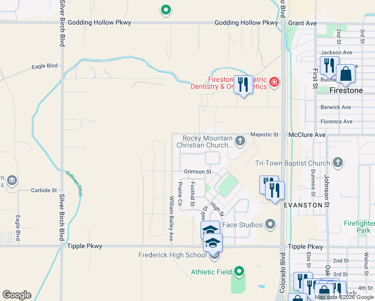 map of restaurants, bars, coffee shops, grocery stores, and more near 5725 Skyline Avenue in Longmont