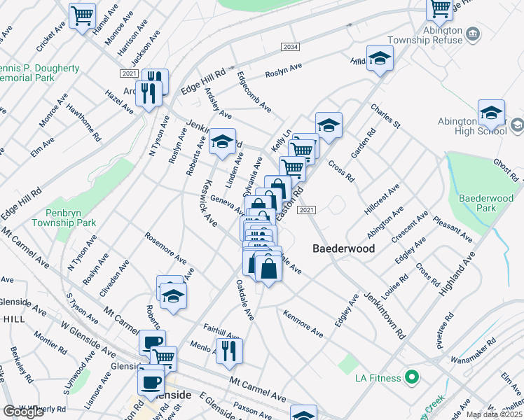 map of restaurants, bars, coffee shops, grocery stores, and more near 423 Elk Avenue in Glenside