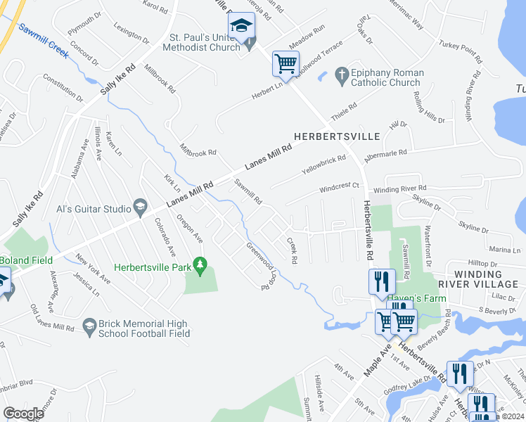map of restaurants, bars, coffee shops, grocery stores, and more near 1152 Sawmill Road in Brick Township