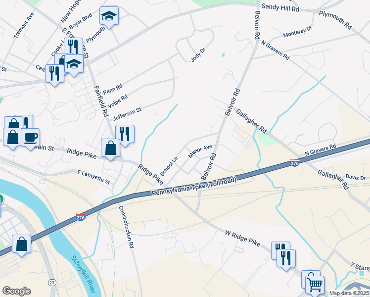 map of restaurants, bars, coffee shops, grocery stores, and more near 376 School Lane in Plymouth Meeting