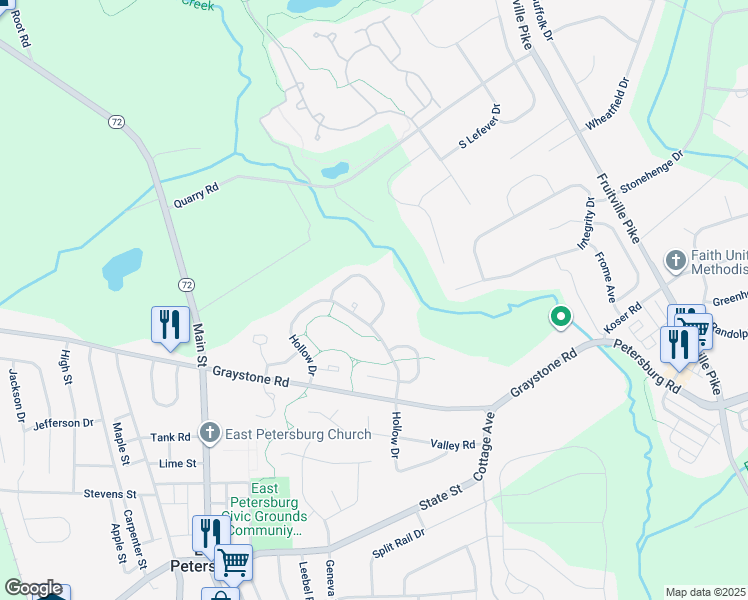 map of restaurants, bars, coffee shops, grocery stores, and more near 2621 Northfield Drive in East Petersburg