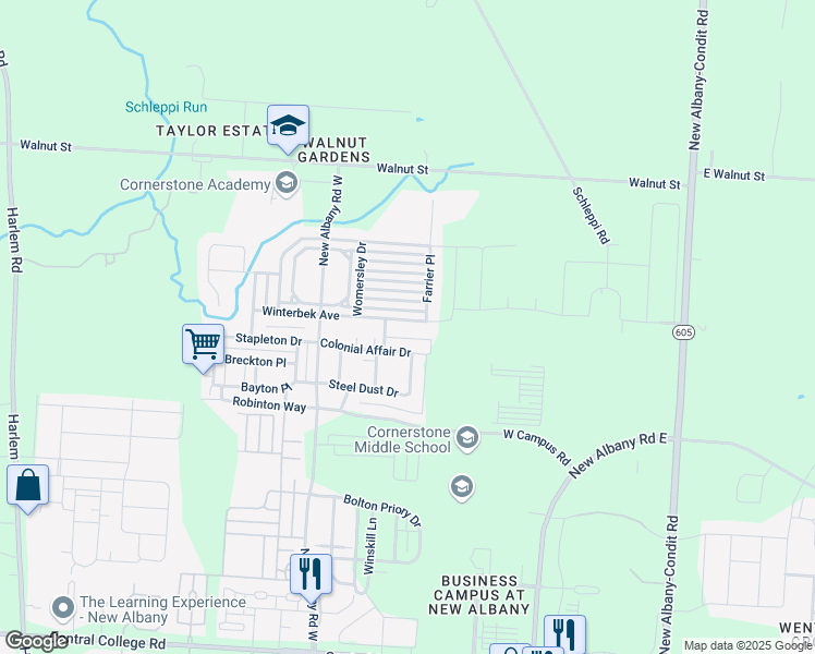 map of restaurants, bars, coffee shops, grocery stores, and more near 7239 Winterbek Avenue in New Albany