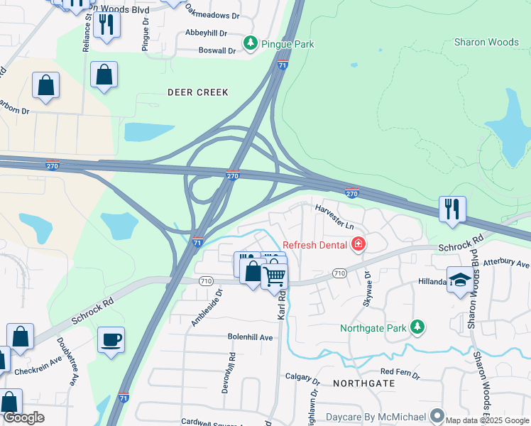 map of restaurants, bars, coffee shops, grocery stores, and more near 6998 Spring House Lane in Columbus