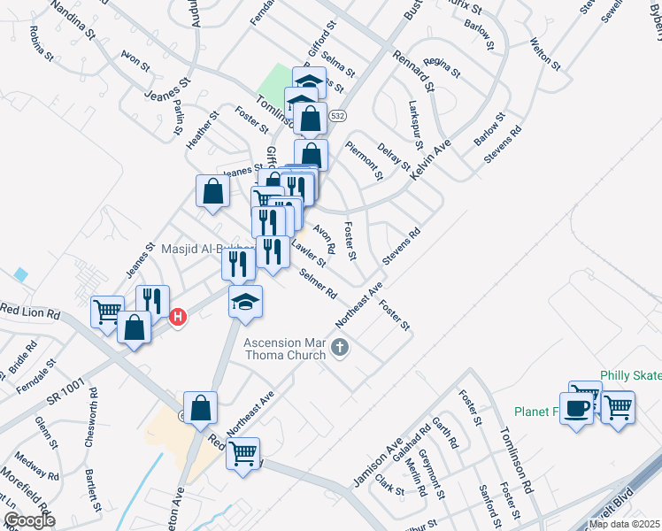 map of restaurants, bars, coffee shops, grocery stores, and more near 825 Lawler Street in Philadelphia