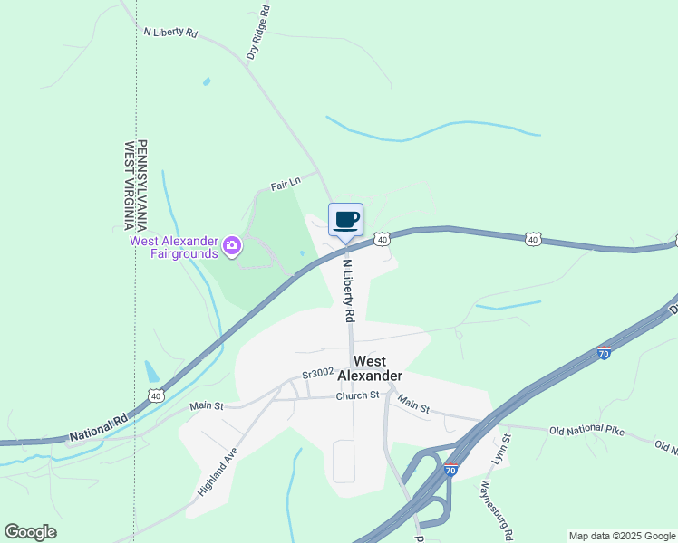 map of restaurants, bars, coffee shops, grocery stores, and more near 55 North Liberty Road in West Alexander
