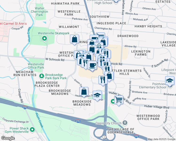 map of restaurants, bars, coffee shops, grocery stores, and more near 101 Westerville Plaza in Westerville