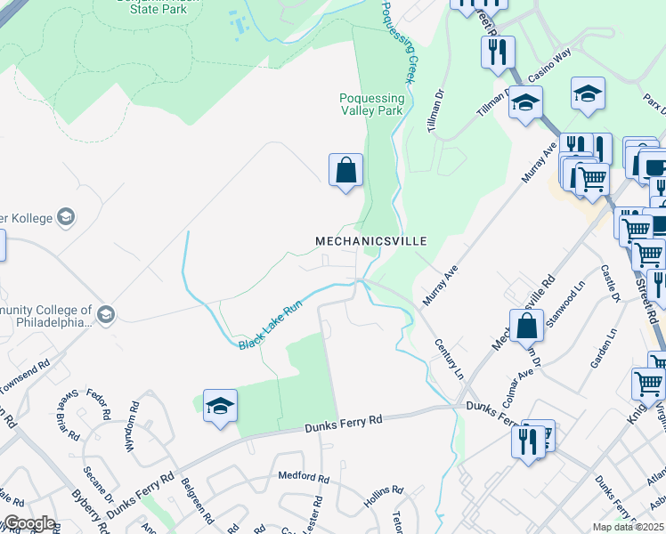 map of restaurants, bars, coffee shops, grocery stores, and more near 3142 Mechanicsville Road in Philadelphia