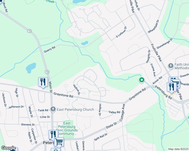 map of restaurants, bars, coffee shops, grocery stores, and more near 2621 Northfield Drive in East Petersburg
