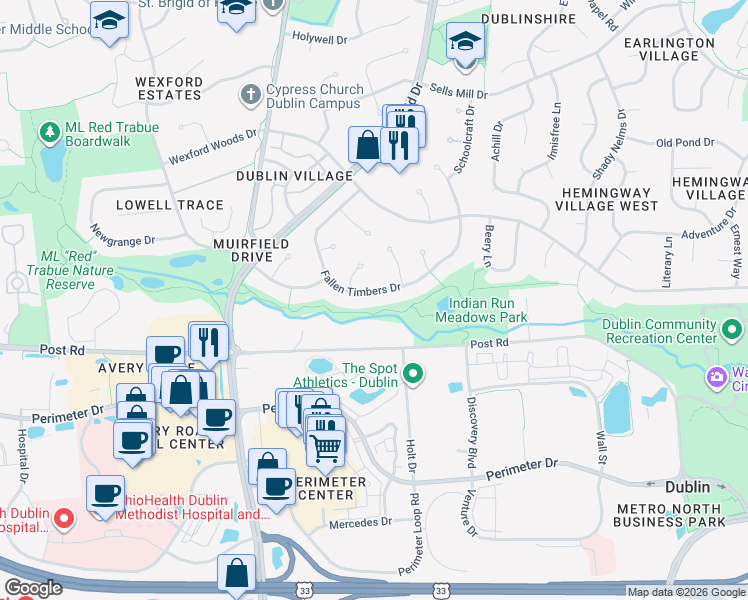 map of restaurants, bars, coffee shops, grocery stores, and more near 6783 Fallen Timbers Drive in Dublin