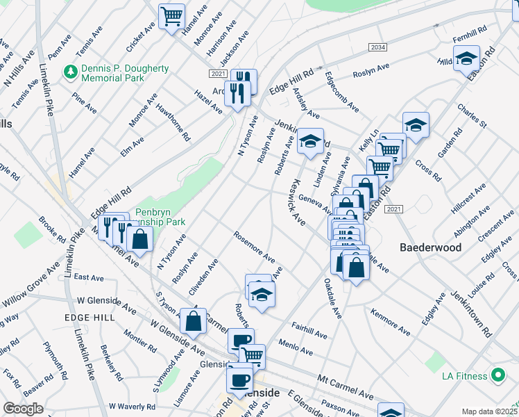 map of restaurants, bars, coffee shops, grocery stores, and more near 345 Cliveden Avenue in Glenside