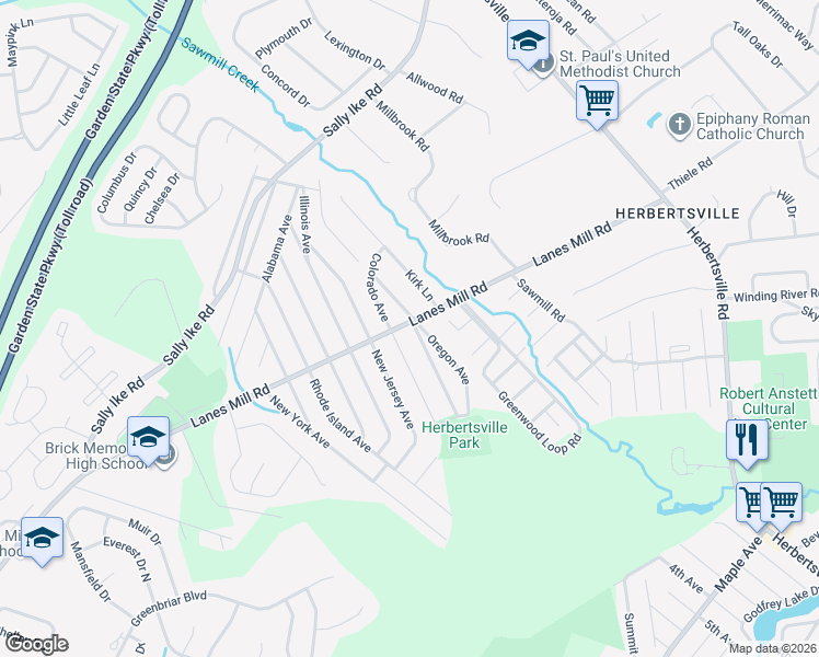 map of restaurants, bars, coffee shops, grocery stores, and more near 2181 Lanes Mill Road in Brick Township