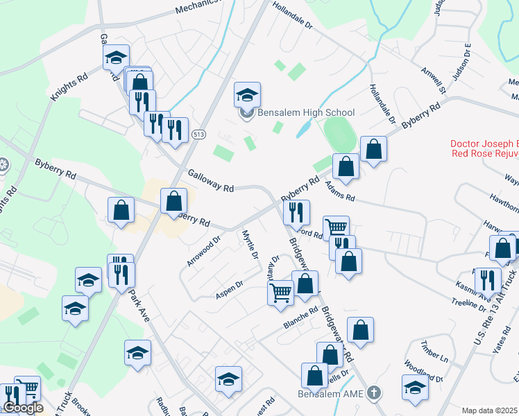 map of restaurants, bars, coffee shops, grocery stores, and more near 1839 Byberry Road in Bucks County