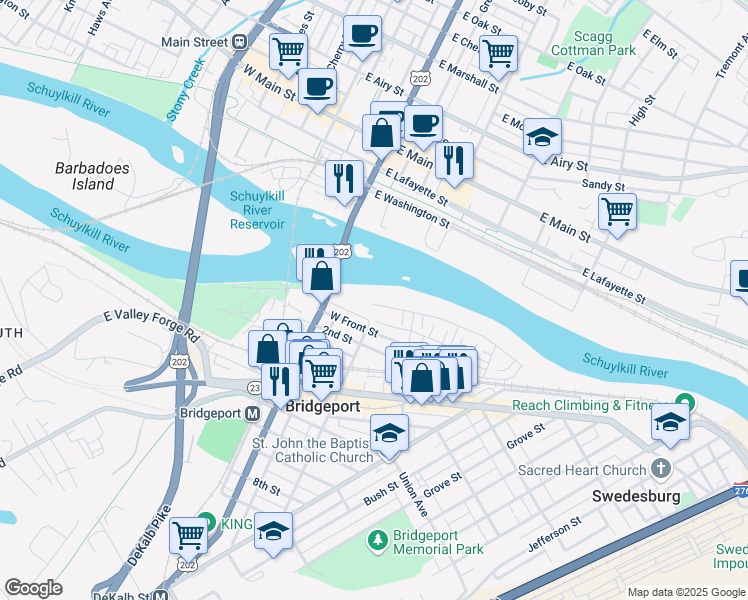 map of restaurants, bars, coffee shops, grocery stores, and more near 212 DeKalb Street in Bridgeport