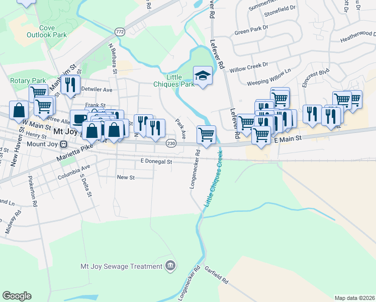 map of restaurants, bars, coffee shops, grocery stores, and more near 402 East Main Street in Mount Joy