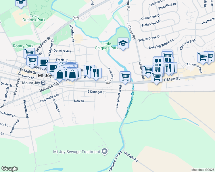 map of restaurants, bars, coffee shops, grocery stores, and more near 330 East Main Street in Mount Joy