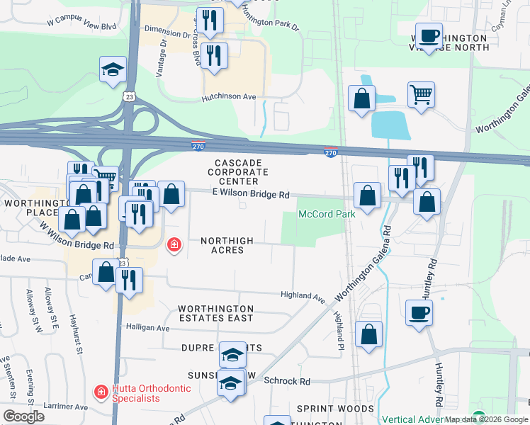 map of restaurants, bars, coffee shops, grocery stores, and more near 7060 Rockwoods Place in Worthington