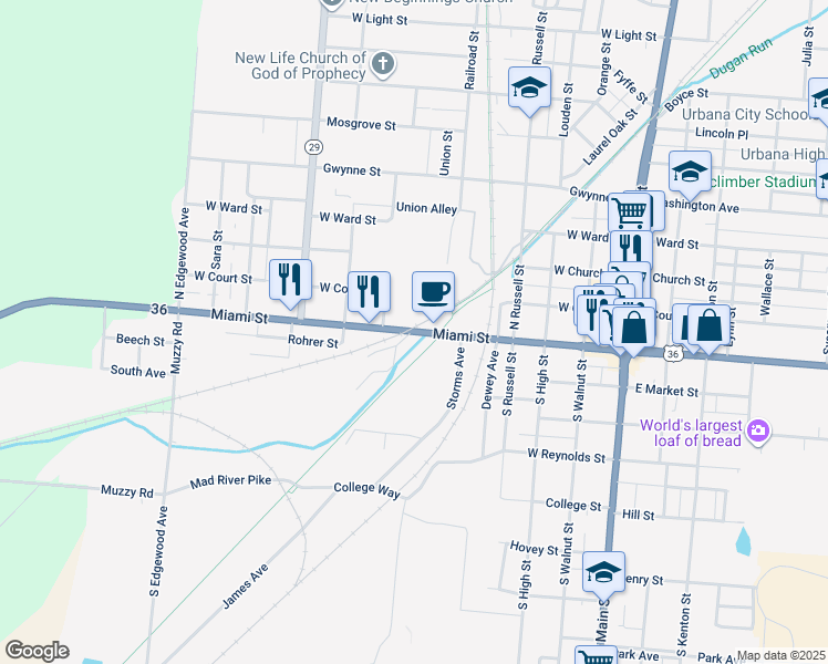 map of restaurants, bars, coffee shops, grocery stores, and more near 635-645 Miami St in Urbana